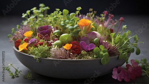 Explore the world of garnishes. Focus on the intricate details of herbs  microgreens  or edible flowers that add a touch of freshness and visual appeal. - Generative AI