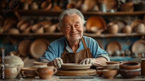 senior man clay artist working in his studio with spinning pottery wheel photo