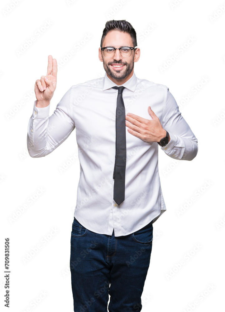 Young handsome business man wearing glasses over isolated background Swearing with hand on chest and fingers, making a loyalty promise oath Young handsome business man wearing glasses over isolated background Swearing with hand on chest and fingers, making a loyalty promise oath