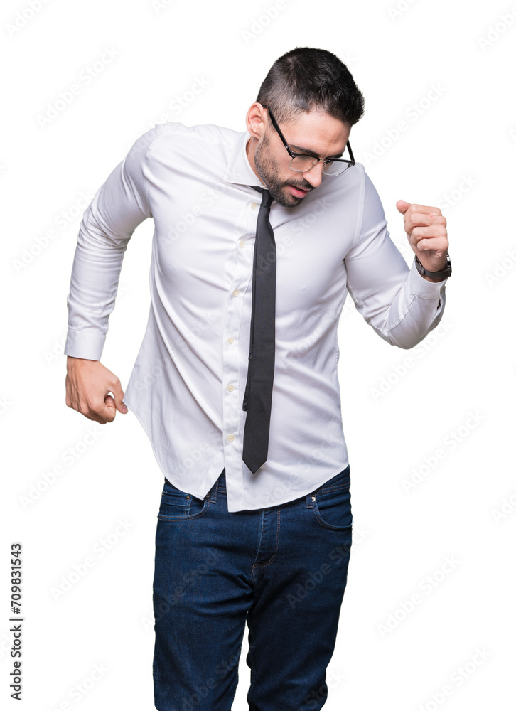 Young handsome business man wearing glasses over isolated background stretching back, tired and relaxed, sleepy and yawning for early morning Young handsome business man wearing glasses over isolated background stretching back, tired and relaxed, sleepy and yawning for early morning