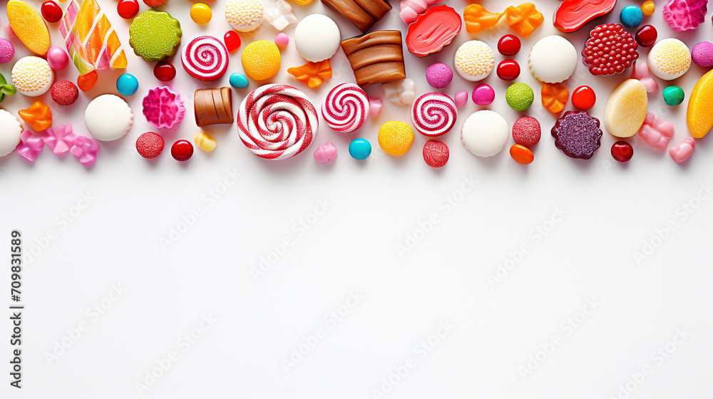 colorful background with composition with many different yummy candies on white background - obrazy, fototapety, plakaty 