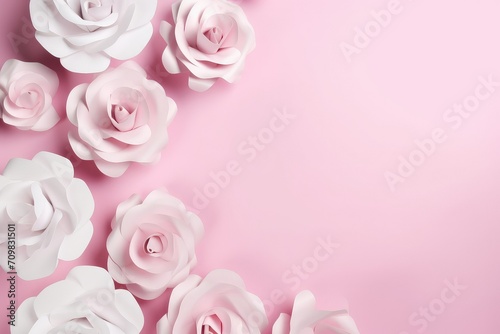 white greeting card mockup  white roses  top view   1 pink background.