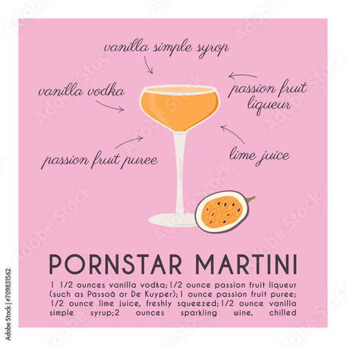 Pornstar Martini Cocktail garnished with passion fruit. Classic alcoholic beverage recipe modern square print with ingredients. Summer aperitif. Minimalist trendy alcoholic drink. Vector illustration.