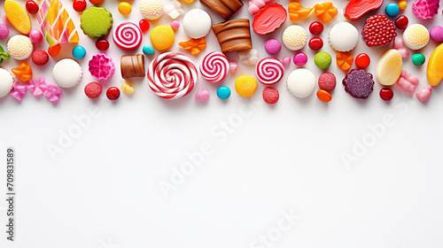 colorful background with composition with many different yummy candies on white background