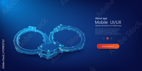 Futuristic 3D Digital Handcuffs Concept Illustrating Cybersecurity and Technological Restrictions. olice equipment. Chained, handcuffed hands, for thief, prison, detention. Vector illustration