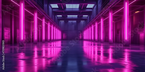 Sci Fi Futuristic Smoke Fog Neon Laser Garage Room,blue pink violet neon abstract background,ultraviolet light,night club Cyber Undergound Warehouse Concrete Reflective Studio,3D Render illustration 