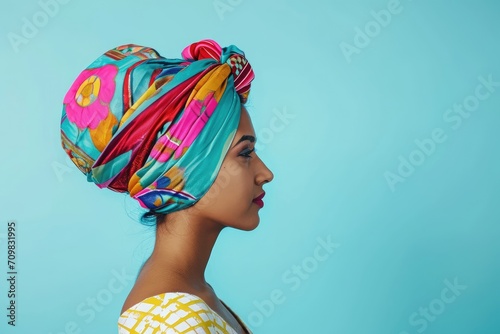 Artistic studio shot of an Indian woman with a colorful turban, isolated on a light blue background. © furyon
