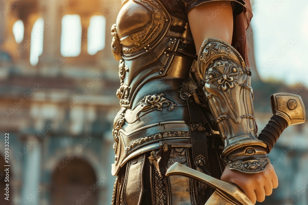 Close-up of a female gladiator warrior's armored hands, clutching a gladius sword, against a backdrop of a Roman villa.