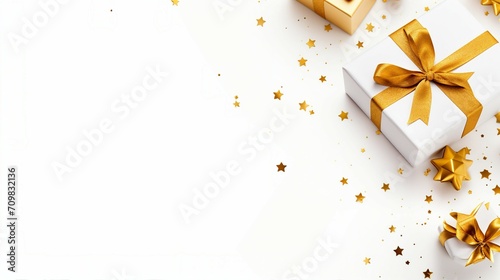 Sparkling Christmas Design  Gold Gifts Box  Glittering Confetti Stars on White Background. Festive Banner for New Year Celebration with Elegance and Joyful Holiday Decor.