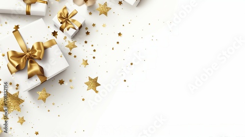 Sparkling Christmas Design: Gold Gifts Box, Glittering Confetti Stars on White Background. Festive Banner for New Year Celebration with Elegance and Joyful Holiday Decor.