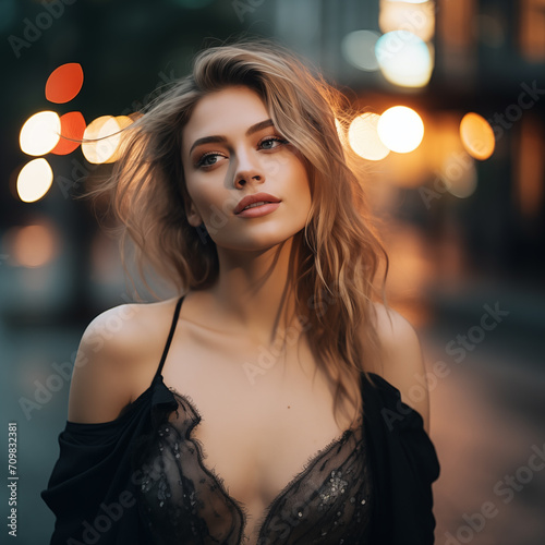Portrait of a gorgeous woman with black hair and blue eyes in the city at night. 