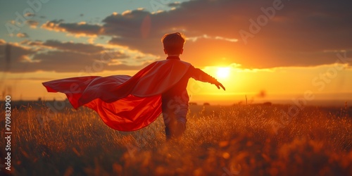 little boy running across the field in a superhero costume with a red cape silhouette at sunset.little boy in sunset dream run through.happy family kid concept. Summer vacation concept photo