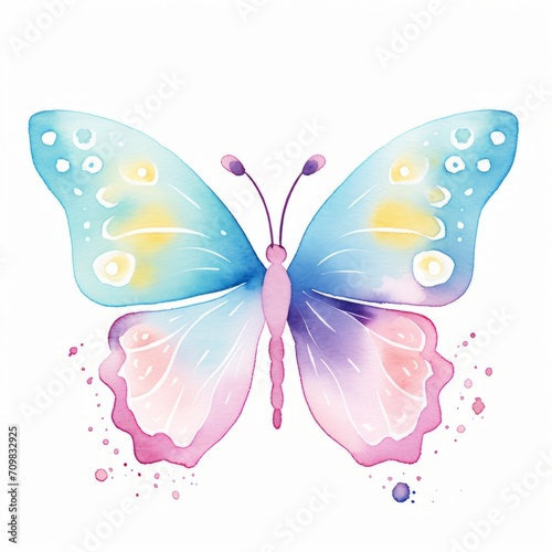Aquarell eines farbenfrohen Schmetterlings mit ausgebreiteten Flügeln und dekorativen Punkten Illustration © Michael