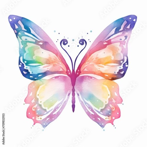 Aquarell eines farbenfrohen Schmetterlings mit ausgebreiteten Flügeln und dekorativen Punkten Illustration