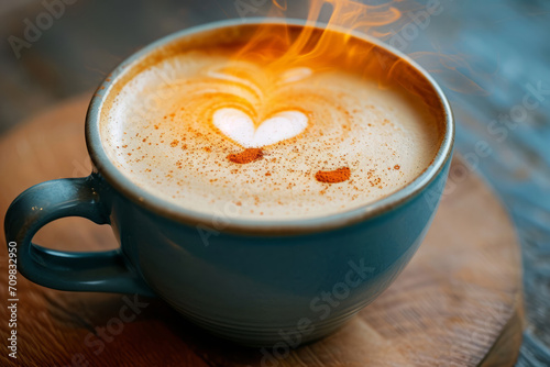 A steaming cup of coffee featuring heart-shaped foam art and a sprinkle of cinnamon.