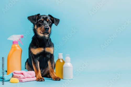 Dog sitting beside cleaning products and towels on a blue background. Studio pet portrait. Pet care and spring cleaning concept. Design for banner, poster with copy space photo