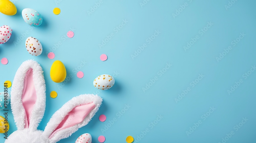 Easter party concept. Top view photo of easter bunny ears white pink blue and yellow eggs on isolated pastel blue background with copyspace in the middle