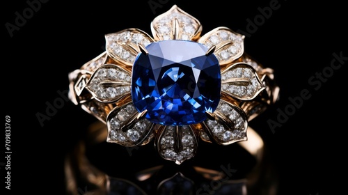 Beautiful gold ring with aquamarine and diamonds on a black background. Neural network AI generated art