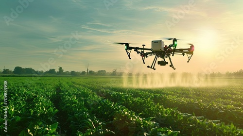 Modern technologies in agriculture. An industrial drone flies over a green field and sprays useful pesticides to increase productivity and destroys harmful insects. increase productivity photo