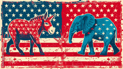 Stylized representations of a donkey and an elephant with the American flag, symbolizing the Democratic and Republican parties. photo