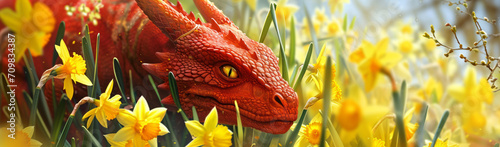 Big Red Welsh dragon in yellow daffodil flowers, card for St David's Day Holiday celebration in Wales, UK. Banner with Spring background with space for text. photo