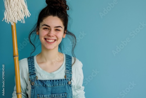 Happy young woman with bamboo mop on blue background. Spring cleaning and joyous housework concept. Eco-friendly, eco and zero waste. Design for banner, poster with copy space for text