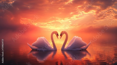 Two swans making a heart shape at sunset forming a pattern of love