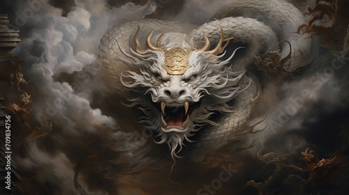 Dragon head in the smoke. 3D illustration. 3D rendering. © Sittipong