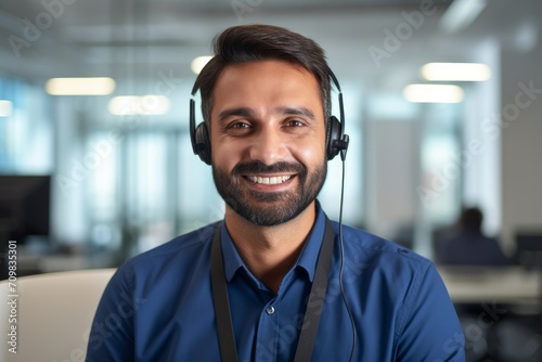 Male Indian contract service representative telemarketing operator smiling to camera. Happy man call center agent or salesman wearing headset working in customer support office. Generative AI photo