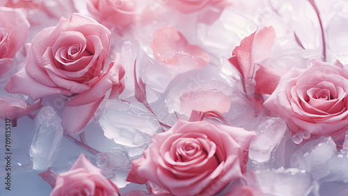 Pink background of frozen roses in ice  concept of cryotherapy for skin care. Elegant pink flowers in ice. Delicate petals texture. Frosty beautiful natural winter or spring background.