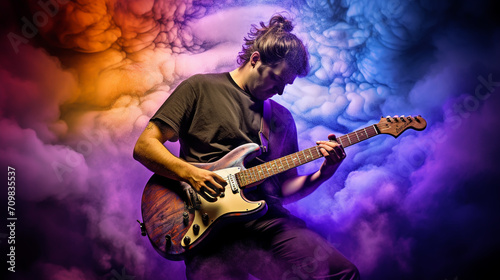 A guitar player making rock during concert. Rock band performs on stage. Guitarist plays solo. © alexkich