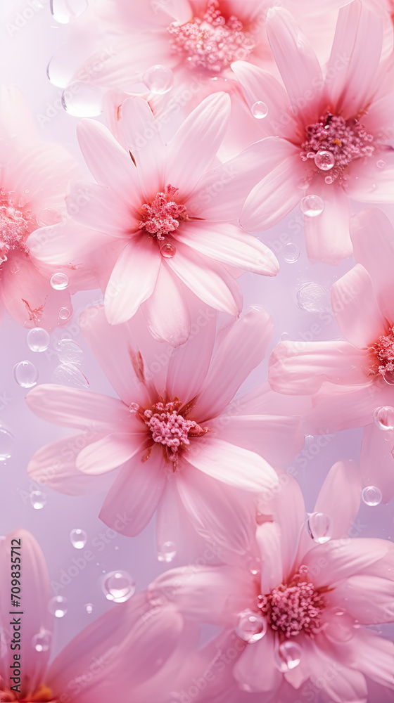 Pink background of frozen flowers in ice, concept of cryotherapy for skin care. Elegant pink petals in ice. Delicate texture. Frosty beautiful natural winter or spring background.