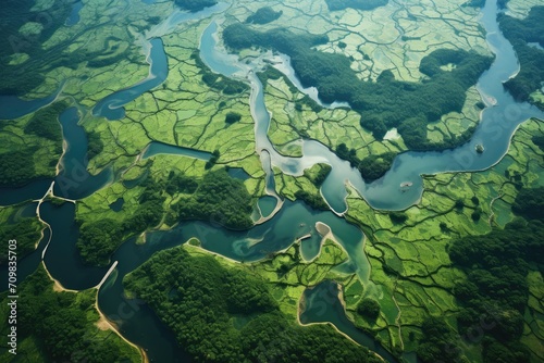 Aerial View of Meandering Rivers and Lush Wetlands