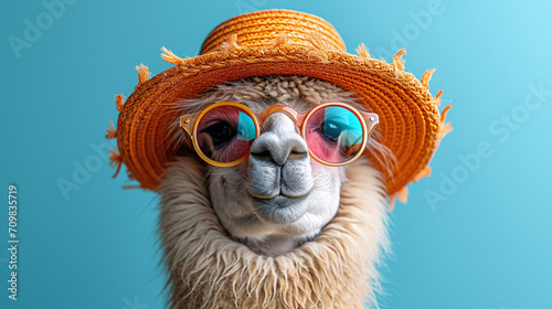 Lama in cool glasses and hat on a blue background