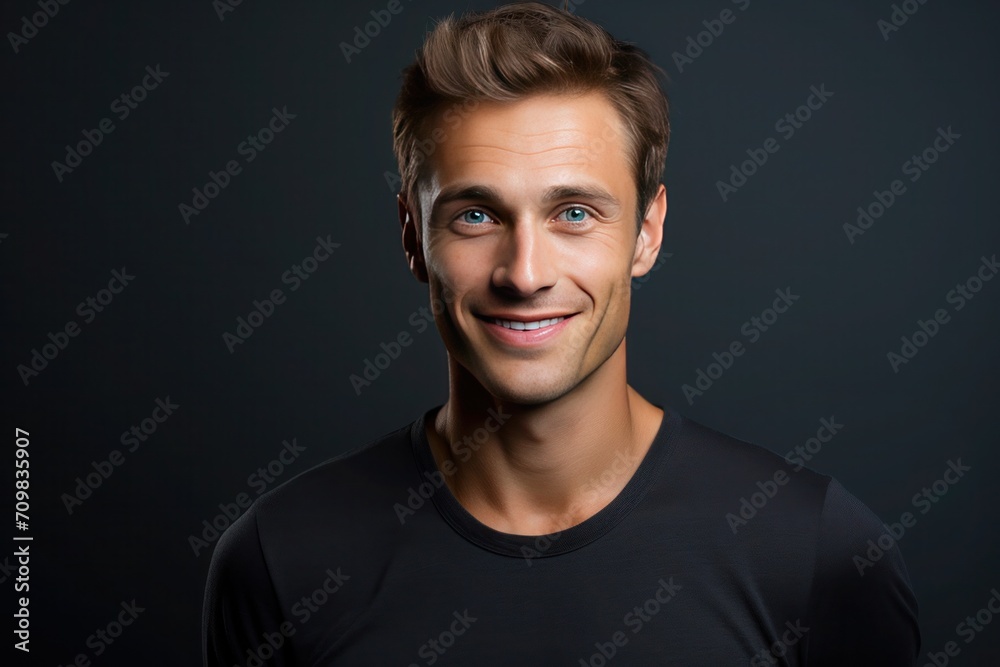 Naklejka premium Portrait handsome tanned smiling young man with brown hair in black T-shirt on dark background