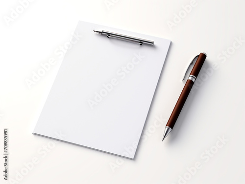 a desk, a checklist, a pen, electric white background, minimalist, 3D created with Generative Ai