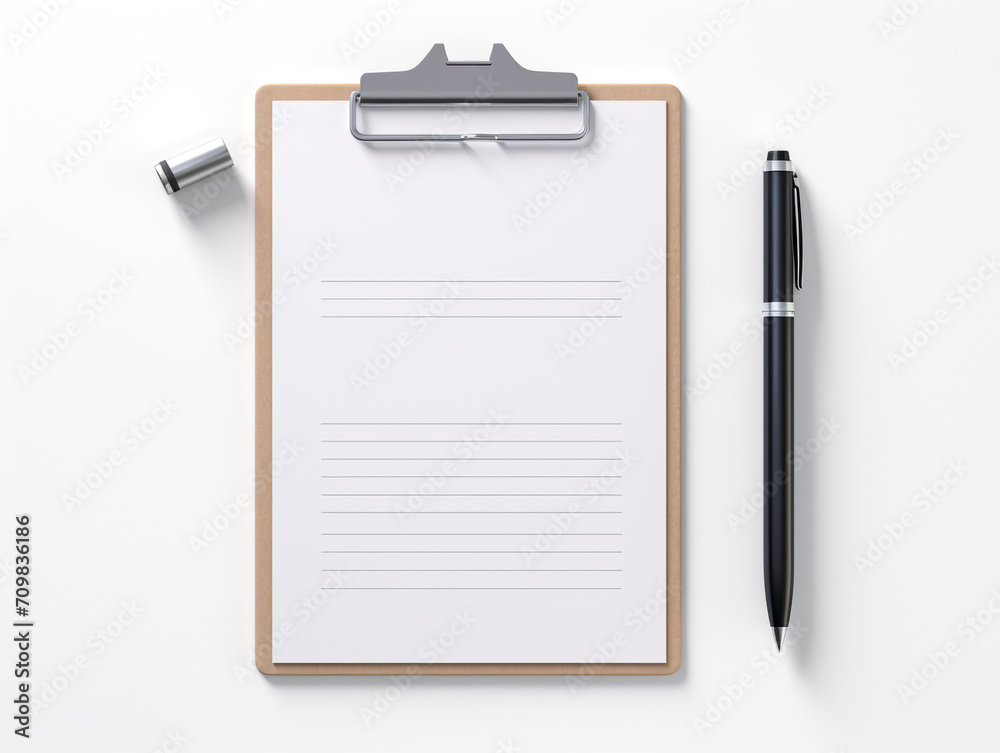 a desk, a checklist, a pen, electric white background, minimalist, 3D created with Generative Ai a desk, a checklist, a pen, electric white background, minimalist, 3D created with Generative Ai