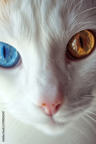 cute white cat one eye is golden and the other eye has sapphire blue abnormal pupils