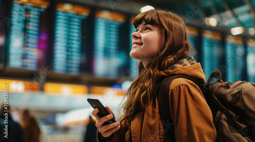 Smiling young woman in an airport terminal looking at her phone, with a backpack on her shoulder and a flight information display board in the blurry background.