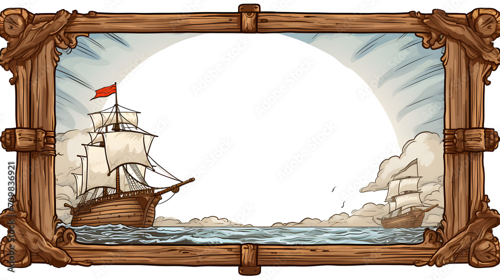 Pirate Ships empty frame. Cartoon, drawing style blank wooden  frame for sailing ships lovers.