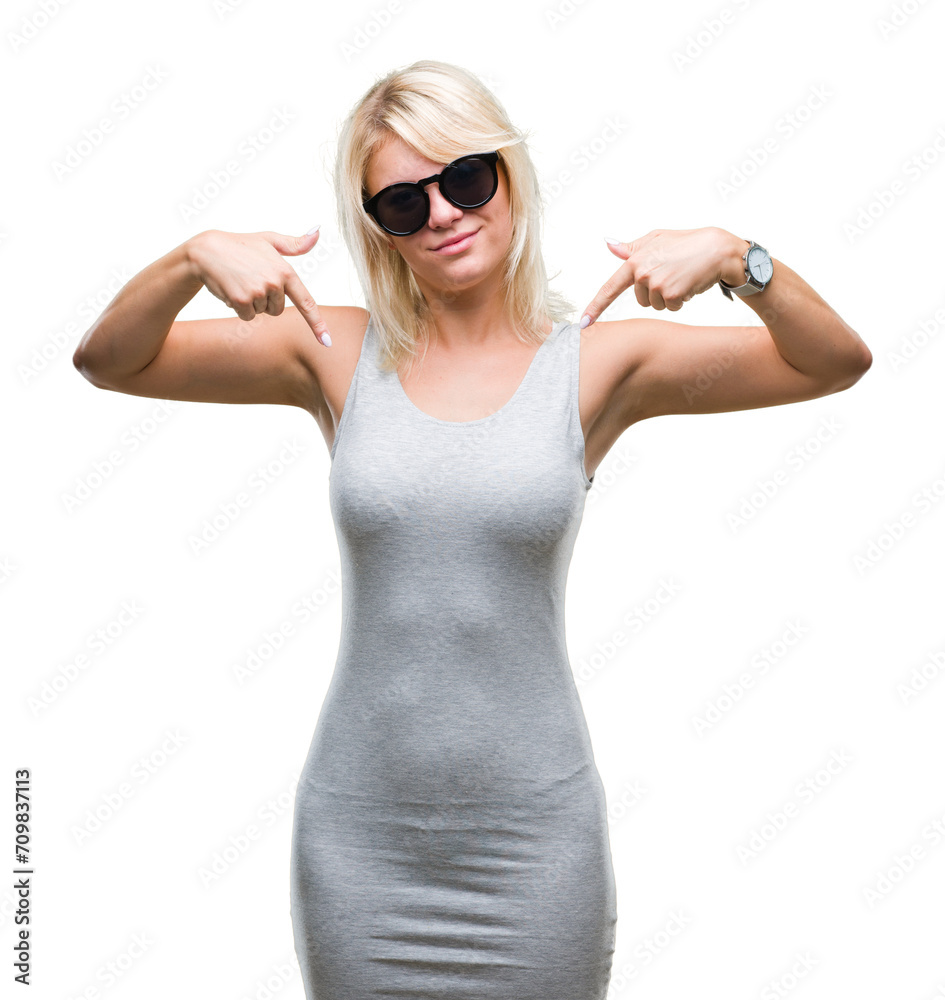 Young beautiful blonde woman wearing sunglasses over isolated background looking confident with smile on face, pointing oneself with fingers proud and happy. Young beautiful blonde woman wearing sunglasses over isolated background looking confident with smile on face, pointing oneself with fingers proud and happy.