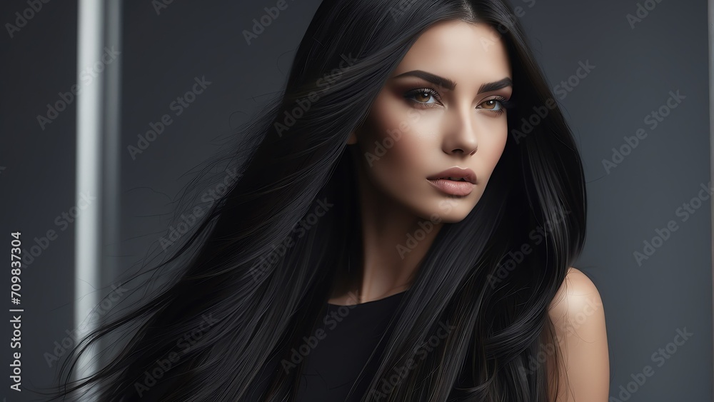 Beautiful fashion model girl with black voluminous long straight hair for commercial shampoo ad concept from Generative AI Beautiful fashion model girl with black voluminous long straight hair for commercial shampoo ad concept from Generative AI