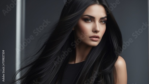 Beautiful fashion model girl with black voluminous long straight hair for commercial shampoo ad concept from Generative AI