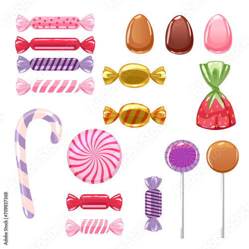 Candies, lollipop, sugar caramel in wrapper, gums and twisted marshmallow on stick. Vector set of sweets, spiral lollypops, striped bonbons and bubblegums isolated on white background. EPS 10
