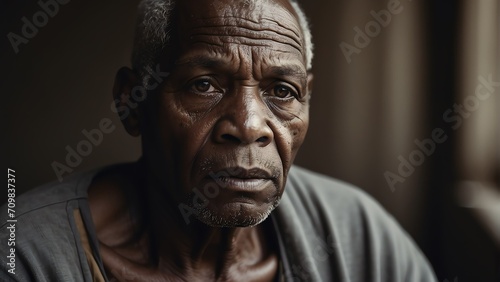 Portrait of sad bald black african elderly senior man from Generative AI