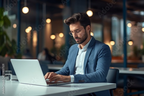 Busy professional business man company employee, young male worker software developer, latin businessman typing on computer technology using laptop searching on web working at office, Generative AI