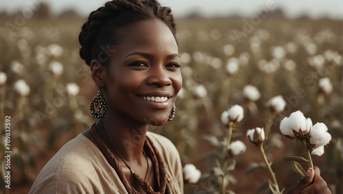 Portrait of a smiling a female black african farmer on a pima cotton field background from Generative AI photo