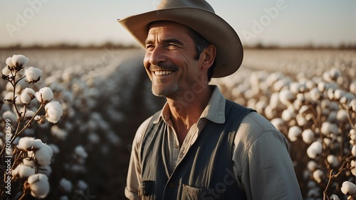 Portrait of a smiling a farmer on a pima cotton field background from Generative AI photo