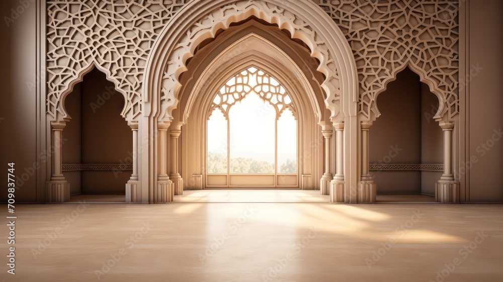 background for the Islamic holiday of Ramadan in a minimalist style, with a podium, with sunlight, in light beige delicate shades and elements of nature.