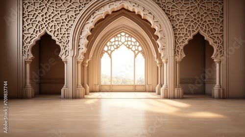 background for the Islamic holiday of Ramadan in a minimalist style  with a podium  with sunlight  in light beige delicate shades and elements of nature.
